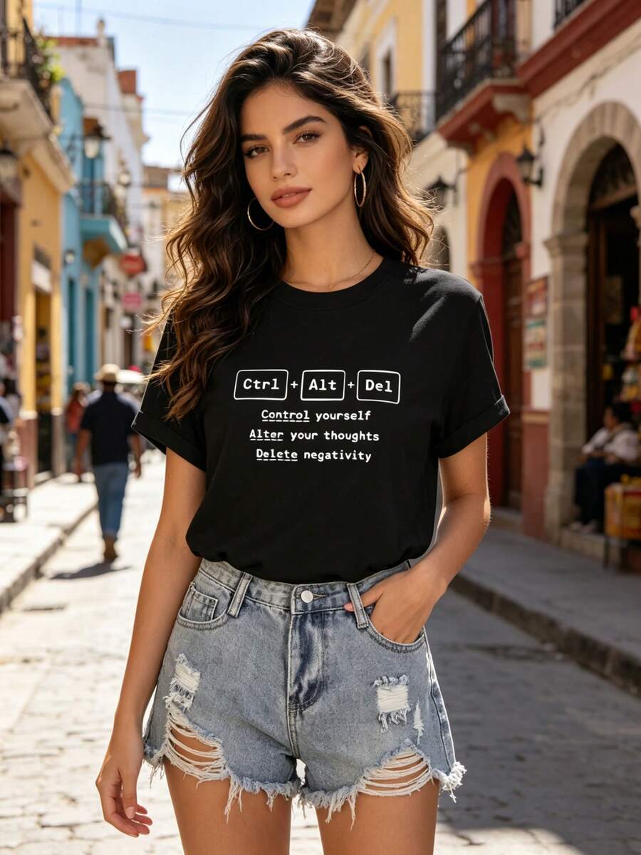 Limited Time Offer, Limited Quantity, Flash ! Women's Casual Shirt, Stylish Shirt, Women's Casual T-Shirt With "Ctrl+Alt+Del" Print - Short Sleeve, Crew Neck, Lightweight Stretch Fabric, Designed To "Control Your Behavior, Change Your Thoughts, And Eliminate Negative Emotions," Suitable For All Seasons, Loose Fit, For Everyday Wear | Fun Graphic T-Shirt | Comfortable Fit - 黑色 - 查看 1