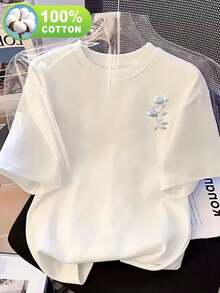 [Circle] Women's Casual Printed Short Sleeve Crew Neck T-Shirt, 100% Cotton, Perfect For Spring Summer, Casual T-Shirt, Printed T-Shirt, Lightweight Fabric, Loose Casual Top For Everyday Wear, Breathable And Comfortable, Essential For All Seasons (Machine Washable) - Weekend Outfit - 白色 - 查看 1