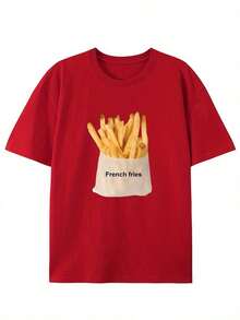 Premium Men's Cotton T-Shirt With Vintage Style And Creative French Fry Print - Casual Crew Neck, Short Sleeve For Summer, - 紅色 - View 1