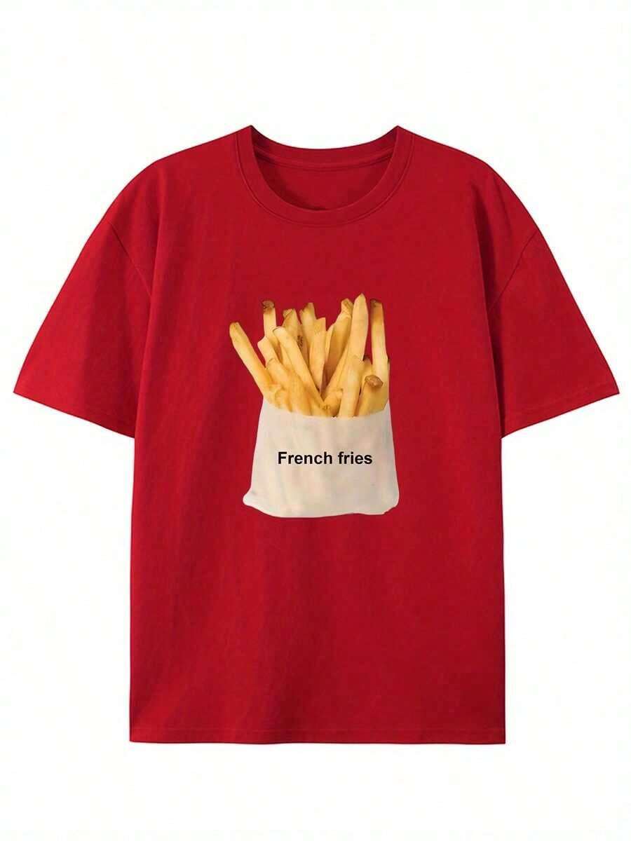 Premium Men's Cotton T-Shirt With Vintage Style And Creative French Fry Print - Casual Crew Neck, Short Sleeve For Summer, - 紅色 - View 1
