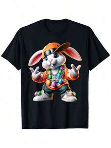 Casual Crew Neck T-Shirt With Fun Rapping Bunny Designs - Humorous "Bunnypulon" And "Choco-Themed" Print For Easter Costumes, Spring Gift - 黑色 - 查看 1