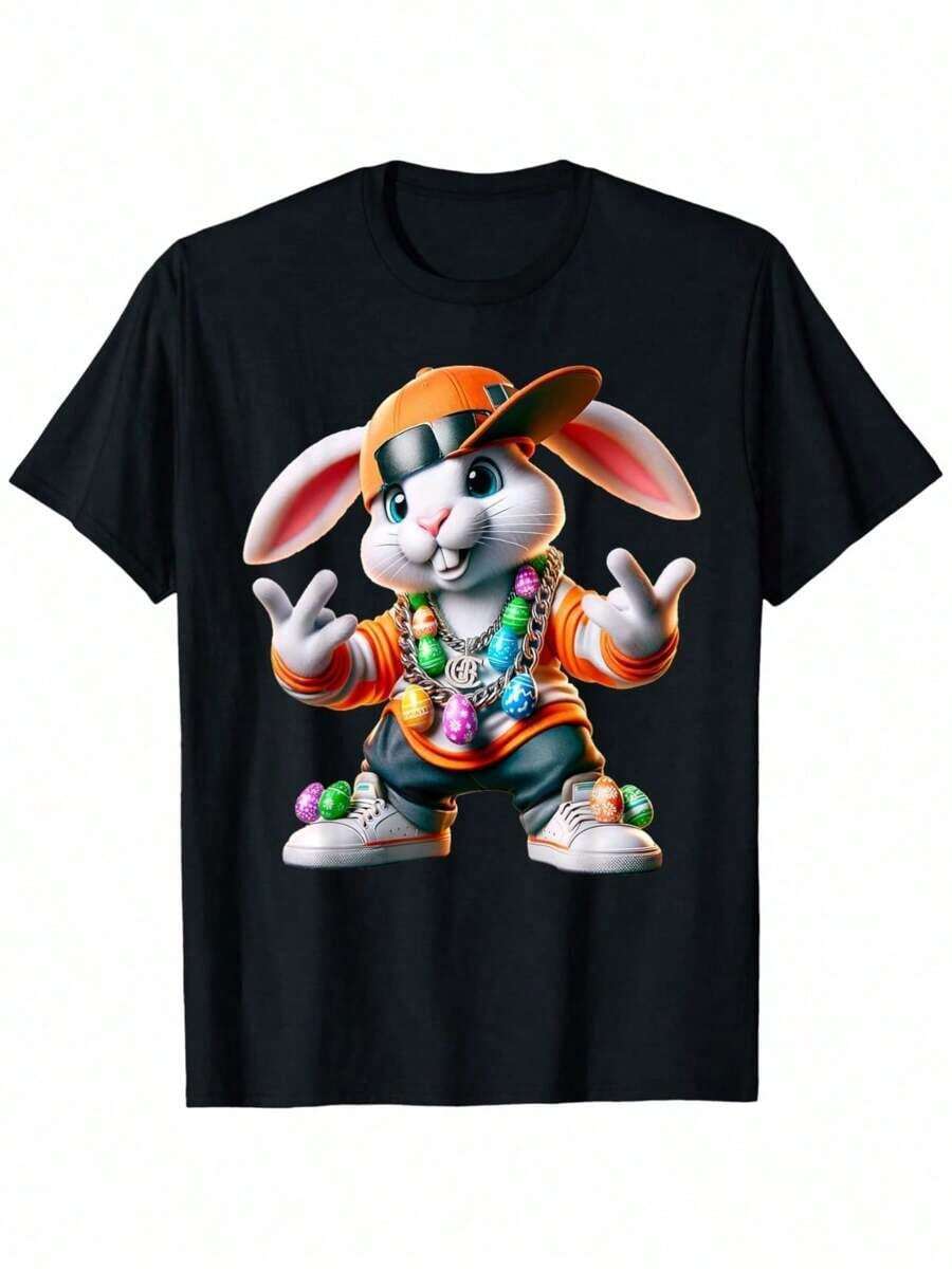 Casual Crew Neck T-Shirt With Fun Rapping Bunny Designs - Humorous "Bunnypulon" And "Choco-Themed" Print For Easter Costumes, Spring Gift - 黑色 - 查看 1