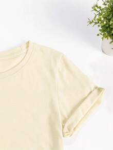 Printed T-Shirt With Green Leaf And Blueberry Design, Casual Short-Sleeved Top With Round Neck, Suitable For Daily Wear In Spring And Summer, Women's Clothing, Soft And Breathable Fabric, Printed T-Shirt, Adult Size, Fashionable Women's Clothing. - 杏色 - 查看 6