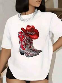 Women's T-Shirt With Cowboy Boots And Hat Print, Short Sleeves, Round Neck, For Casual Wear At Western-Themed Parties, 220g - 白色的 - 查看 5