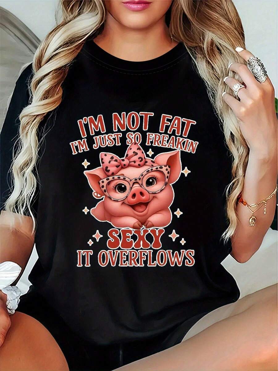Plus Size Women's Soft One-Piece Summer Outfit, T-Shirt With A Fun Pig Print "Not Fat, Just Irresistibly Sexy", Stylish Women's Clothing, Style: Round Neck, Short Sleeves, Loose Fit, A Gift For Yourself/Family/Lover/Friends, For Daily Wear, Loungewear - 100% Cotton T-Shirt, Breathable, Casual For Everyday Wear. - 黑色 - 查看 1