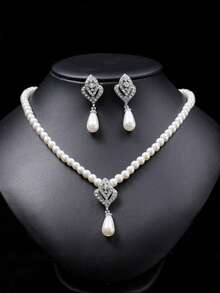 Bộ 1 dây chuyền và bông tai ngọc trai, trang sức phong cách Bohemian sang trọng kiểu Pháp dành cho mùa cưới, thích hợp cho nữ. - trắng - Xem 1