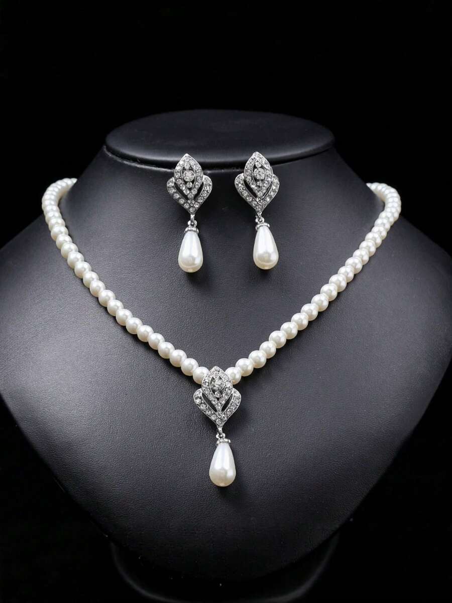 Bộ 1 dây chuyền và bông tai ngọc trai, trang sức phong cách Bohemian sang trọng kiểu Pháp dành cho mùa cưới, thích hợp cho nữ. - trắng - Xem 1