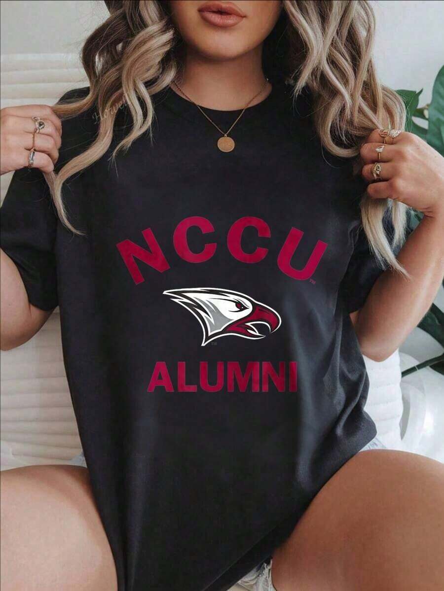 Women's Casual Short Sleeve T-Shirt - Summer Crew Neck T-Shirt With NCCU Alumni Eagle Logo Print, Machine Washable, Ladies' T-Shirts, Casual Wear, Modern Style, Comfortable Fit
-White Blouses For Women Shirt - 黑色 - 查看 1