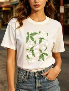 Women's Floral T-Shirt 180G - The Perfect Gift For Spring, A Casual Office T-Shirt With A Unique Floral Design, Soft And Comfortable For Everyday Wear, As Group Clothing For Family Gatherings Or Company Building Activities - Unisex Urban Vintage Style T-Shirt, Cotton, Short Sleeve And Round Neck. - 白色 - 查看 7