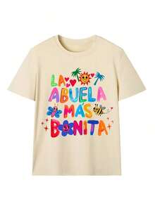 Camiseta de mujer con texto en español "Abuela Chic", camiseta gráfica estándar de abuela latina, cómoda camiseta de manga corta con lema familiar 2026, regalo casual de cuello redondo para vacaciones de verano Cuello Redondo Algodón 100% Tejido Suave Manga Corta - Albaricoque 2 - Ver 4