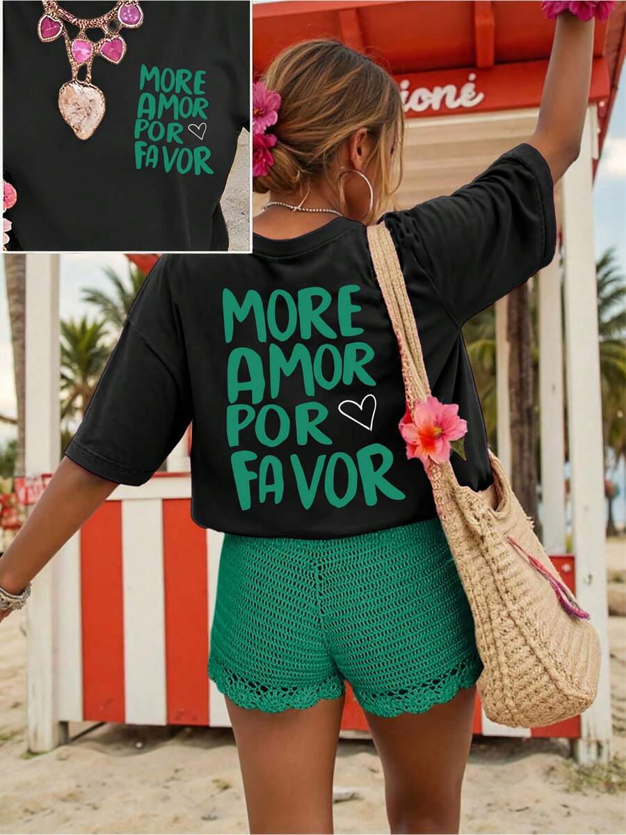 Women's Casual Cotton T-Shirt With A Letter Print Inspired By The Spanish Phrase MORE AMOR POR FAVOR, Meaning Please Give Me More Love, With Heart Embellishments - Soft Knit Fabric.|Crew Neck|Short Sleeves|Slightly Stretchy|All-Season Tops|Fashionable|Quick-Drying|Durable|Machine Washable FNYQ - 黑色 - 查看 1