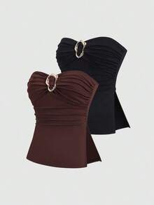 Top corto con pliegues tipo bandeau de moda casual para mujer - Multicolor 2 - Ver 1