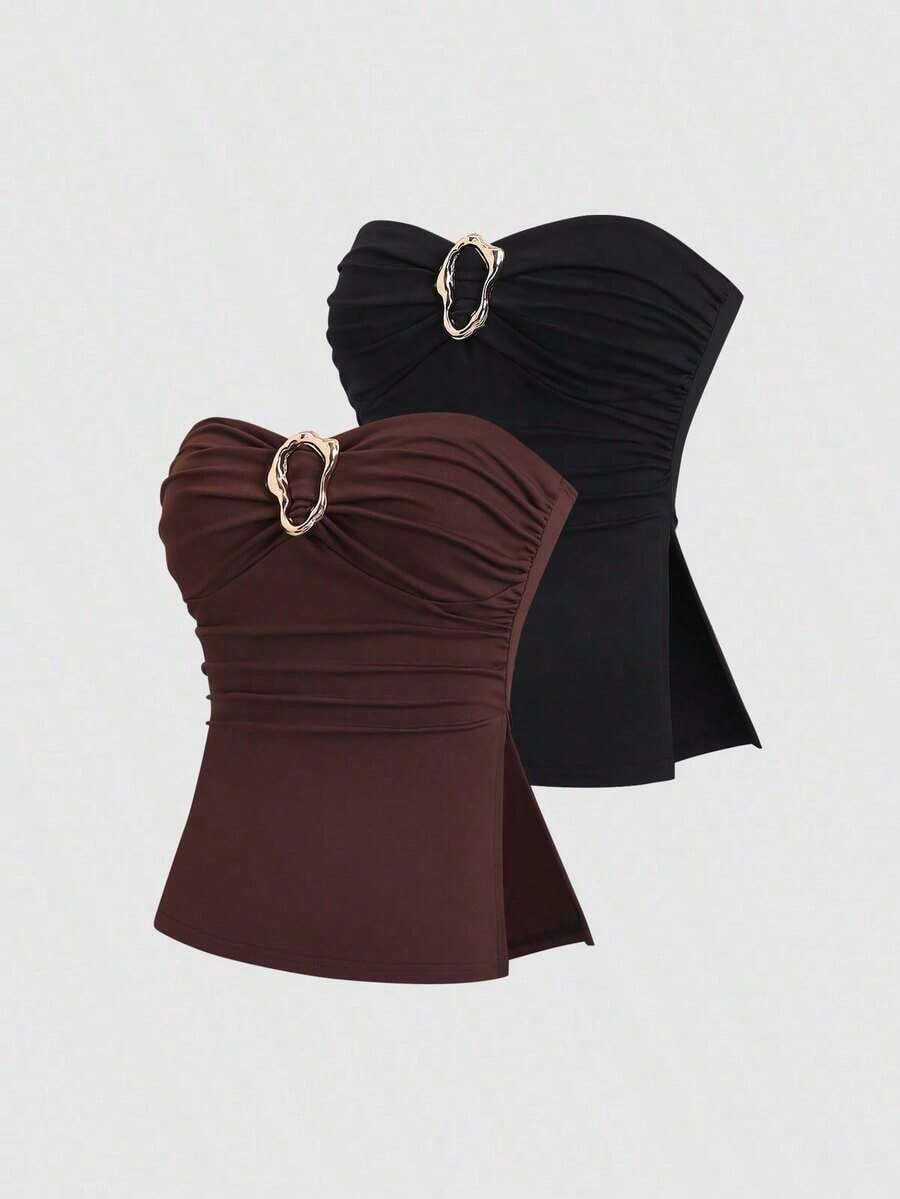Top corto con pliegues tipo bandeau de moda casual para mujer - Multicolor 2 - Ver 1
