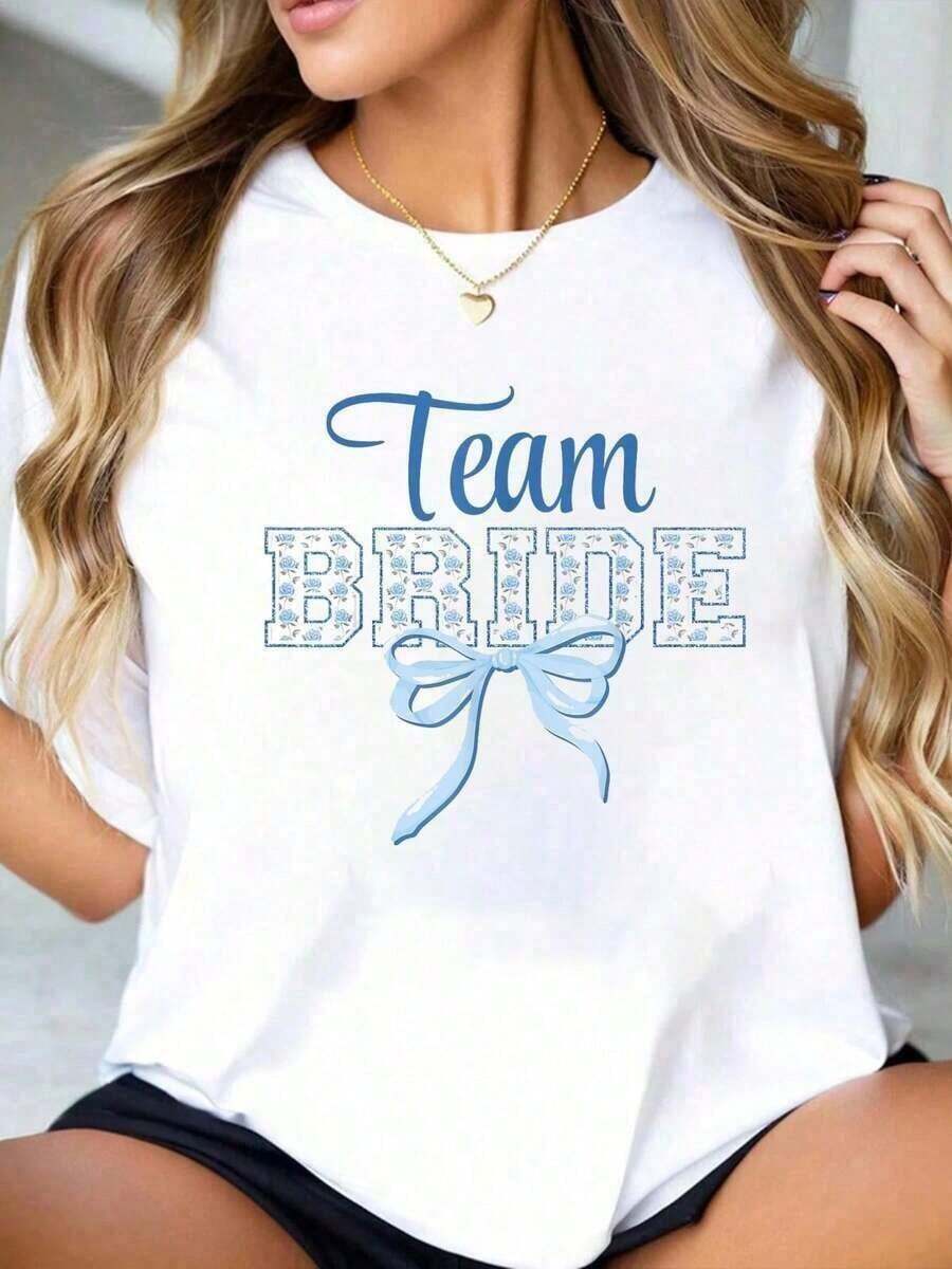 One-Piece Short-Sleeved T-Shirt, 100% Cotton, With Blue Bow And Floral Print, For Bridal Parties, For Women. 210g 100% Cotton, Prints Are Fully Printed. Unisex. Casual - 白色 - 查看 1
