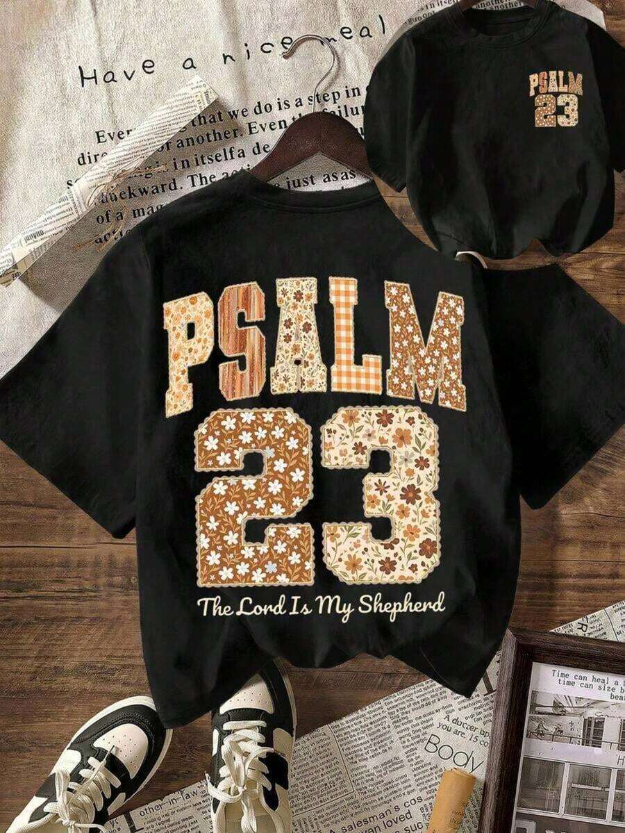 1 Piece Fashion Casual T-Shirt For Men And Women, With Round Neck And Short Sleeve, With Bible Verse Graphic "The Lord Is My Shepherd" (Psalm 23), Vintage Faith Design, Suitable For Autumn/Winter/Summer, Versatile, Easy To Match, Ideal For Daily Wear, Urban Style, Holiday Wear, Weekend Wear. - 黑色 - 查看 1