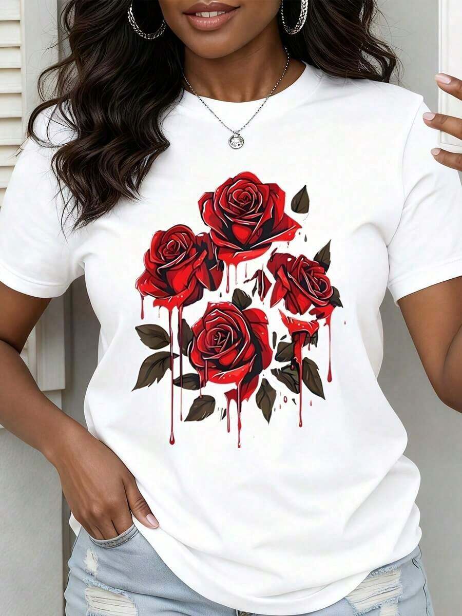 Women's Round Neck T-Shirt For Valentine's Day, With Red Rose Print, Casual Style For Everyday Wear And Romantic Occasions - Urban Vintage Style, Unisex, Cotton, Short Sleeve, Round Neck. - 白色 - 查看 1