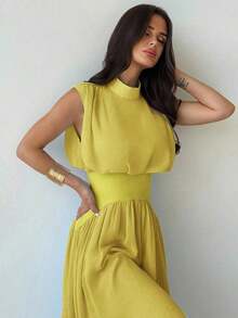 elegante de cuello alto y cintura ceñida con silueta evasé para mujer, vestido de verano, ropa de primavera/verano, atuendo de playa, para ir al trabajo, elegante, sexy, vacaciones, playa, bohemio, Hawái, festival de música, romántico, cit - Amarillo - Ver 6