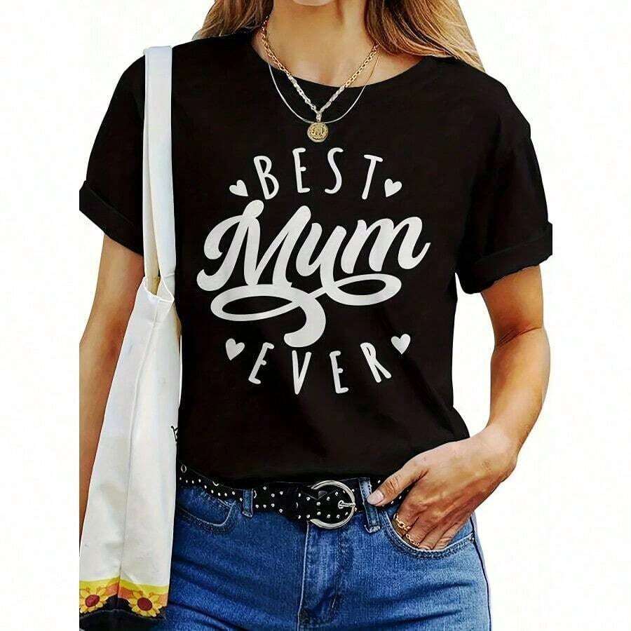 Women's Heart Print T-Shirt "World's Best Mom" - Casual Black Short Sleeve T-Shirt With White Lettering, Stretch Polyester Blend, Machine Washable, Perfect For Spring/Summer/Autumn, Everyday Wear T-Shirt | Fun Design | Comfortable Fit - Black - View 1