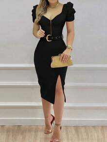 Vestido largo para mujer de corte ajustado, escote en V sexy, con cremallera en la cintura y hombreras caídas - Negro - Ver 3
