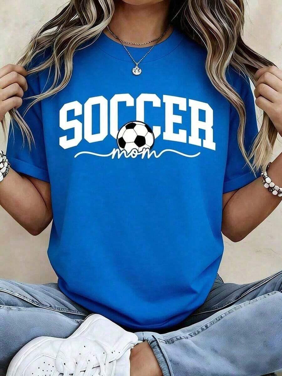 Women's "Soccer Mom" T-Shirt - Graphic T-Shirt With Soccer Ball Design, Loose Fit Casual Top For Soccer Fans, Perfect Gift For Moms And Sports Lovers, Spring/Summer Clothing, Excellent Gift For Her, Women's Printed Short Sleeve Casual T-Shirt, Fashionable Blouses For Summer And Autumn. - 藍色 - 查看 1