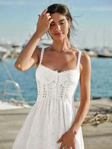 Vestido de tirantes informal de unicolor con bordado hueco para vacaciones de mujer - Blanco - Ver 2
