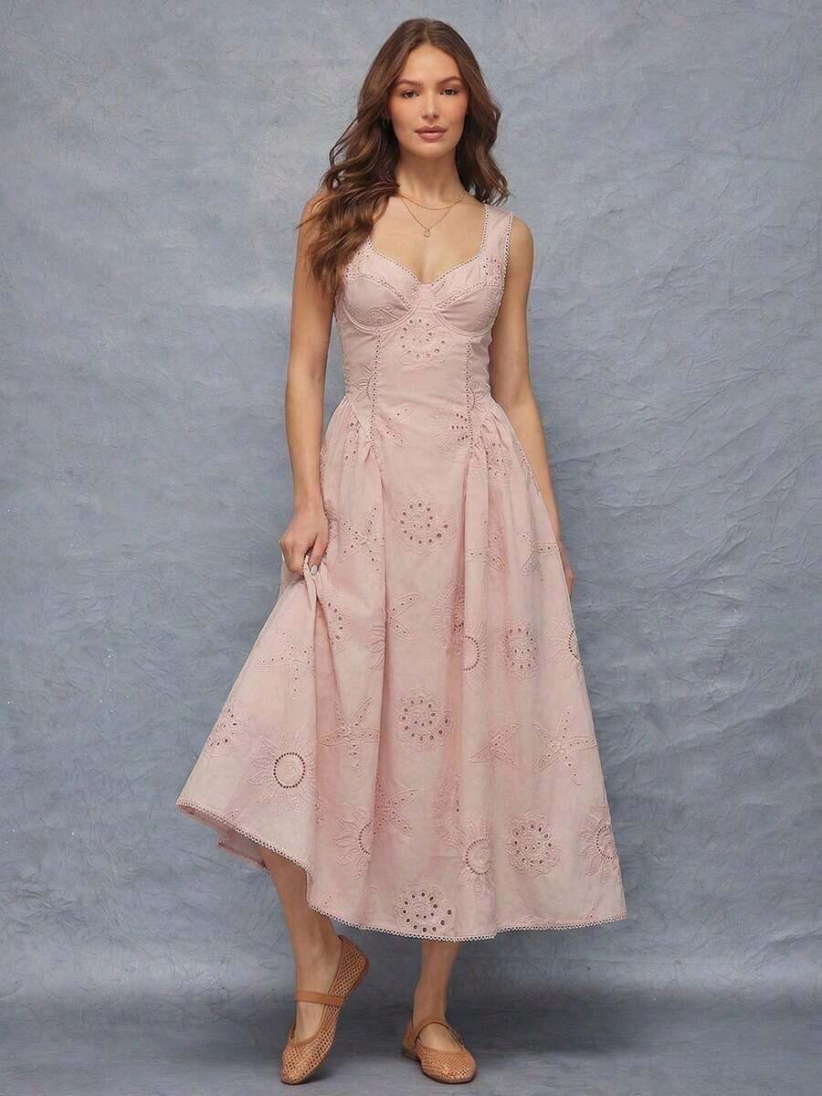 x Tata & Beatriz  Vestido midi sin mangas con ajuste entallado y vuelo, escote corazón, copas con aros, bordado con conchas marinas, cintura baja, ideal para primavera y vacaciones en la playa - Rosa vieja - Ver 1