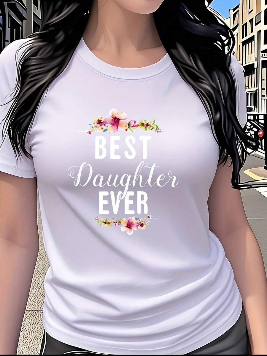 Women's Pure Cotton Short Sleeve T-Shirt, Versatile Round Neck Floral Print T-Shirt, Women's Short Sleeve Round Neck Clothing, Fashionable Casual Versatile Style, Mother-Daughter Set, Parent-Child Set, Clothing For Daily Wear, Parties And Outings. - 白色 - 查看 1