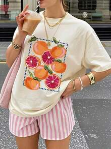 1 pieza de camiseta de manga corta con cuello redondo y estampado naranja, estilo casual de verano, moderna y versátil para mujer. - Albaricoque - Ver 7