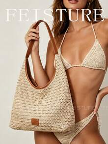 Large Capacity Beach Vacation Travel Shoulder Bag, Women's Straw Woven Beach Bag - Beige - View 5