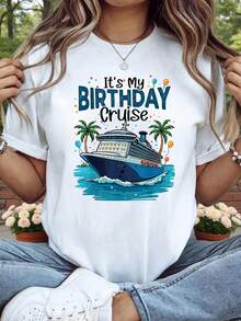 Women's T-Shirts, Women's T-Shirt "It's My Birthday Cruise", Birthday Cruise Themed T-Shirt, Decorated With Cruise Palm Tree Slogan, Casual Short Sleeve, Vibrant Blue Color, Colorful And Cheerful Top For Cruise Birthday Party. - 1件白色隨機圖案 - 查看 2