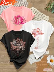 Women's T-Shirts, Women's T-Shirts, One-Piece Design With Floral And Plant Print, Simple And Clear Lines,  Retro Style For Women, Casual Sporty Top For Spring, Autumn, Summer, Round Neck, Short Sleeve, Sizes S-XXXL. - 1件黑色隨機圖案 - 查看 6