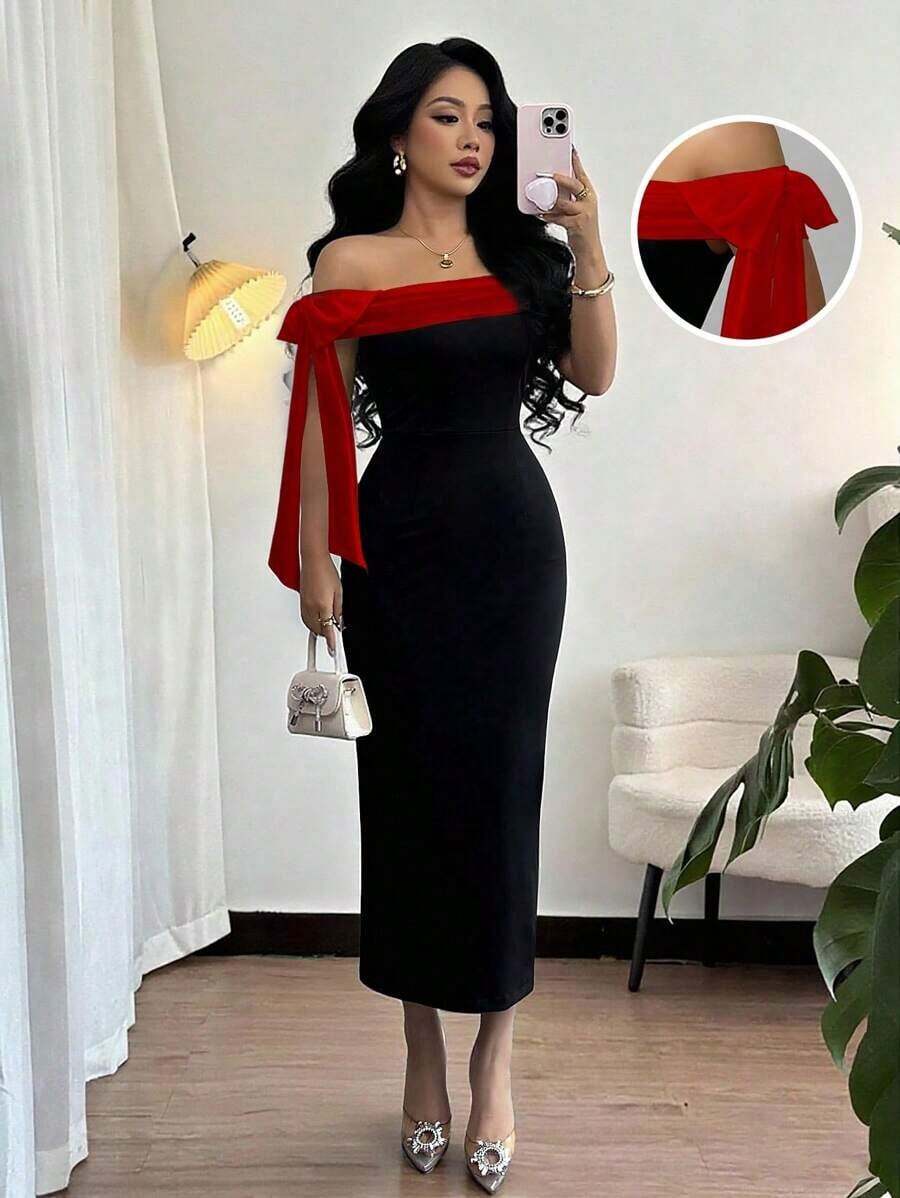 Vestido largo elegante con hombros descubiertos y decoración de lazo - Rojo y negro - Ver 1