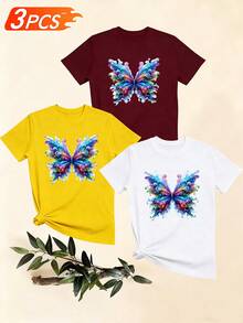 Women's T-Shirts, Women's T-Shirts, Short-Sleeved T-Shirt With Butterfly Print, Casual Loose Round Neck Top, Breathable And Comfortable Women's Top For Summer. - 1件白色隨機圖案 - 查看 6