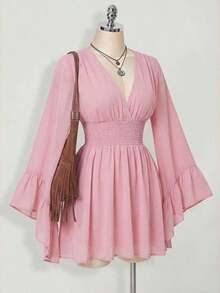 Vestido corto elegante de manga larga con cuello en V y cintura ceñida de unicolor para mujer - Rosa - Ver 11