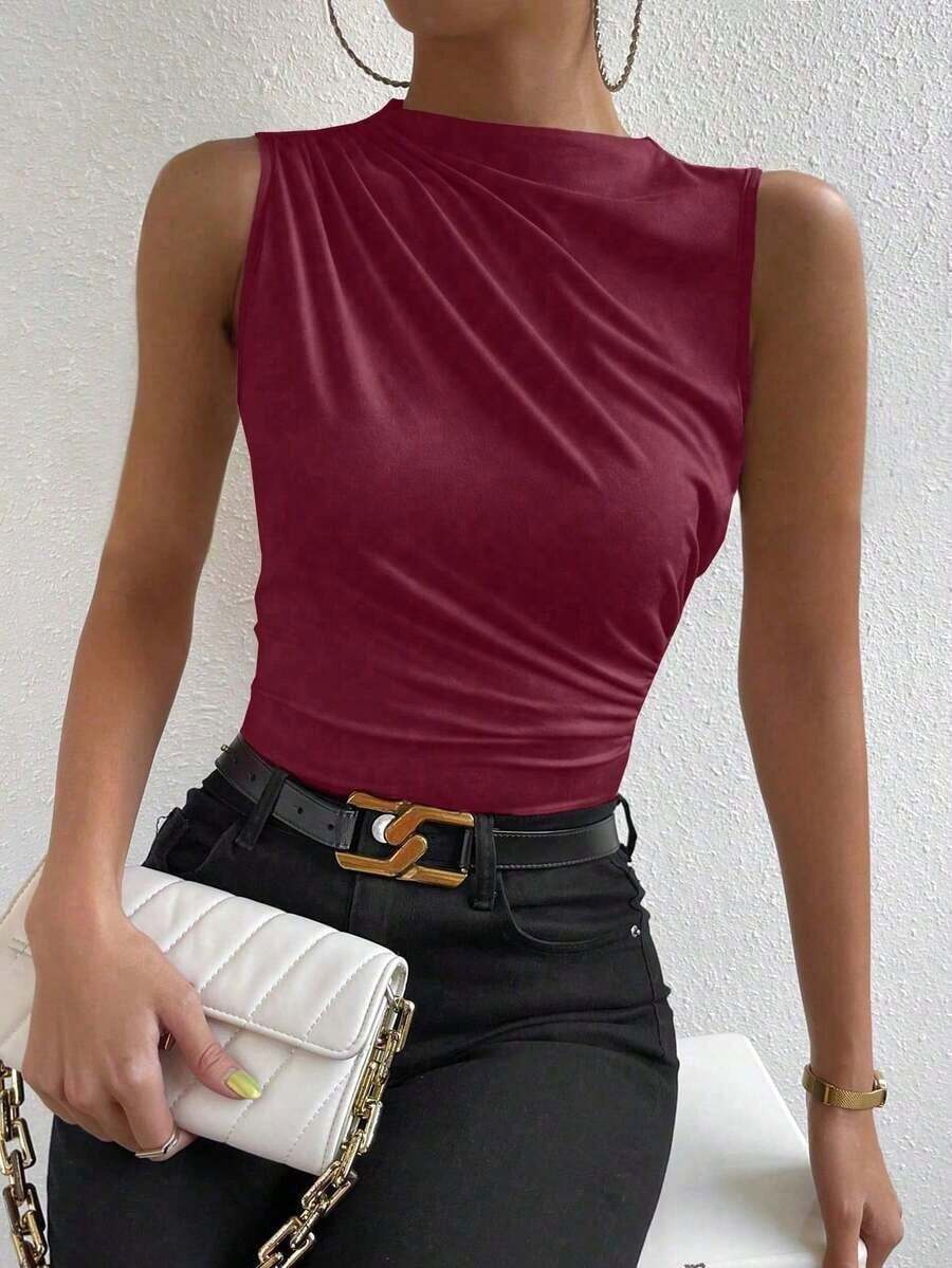 Camiseta sin mangas de corte slim con pliegues de unicolor minimalista para uso diario en verano para mujeres - Burdeos - Ver 1