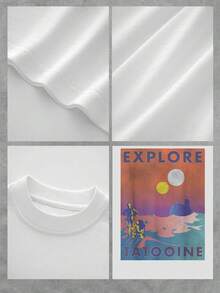 Explore A Galactic Landscape With Two Suns Shining Over A Sandy Horizon And Adventurous Figures That Evoke The Excitement Of Discovering Distant Worlds. Comfortable And Modern Women's T-Shirt For Universe Lovers. - 白色 - 查看 4