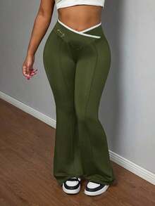 Nuevos Pantalones Acampanados De Talle Alto Con Envoltura En Color Sólido Simple Para Verano 2024 - Verde militar - Ver 8
