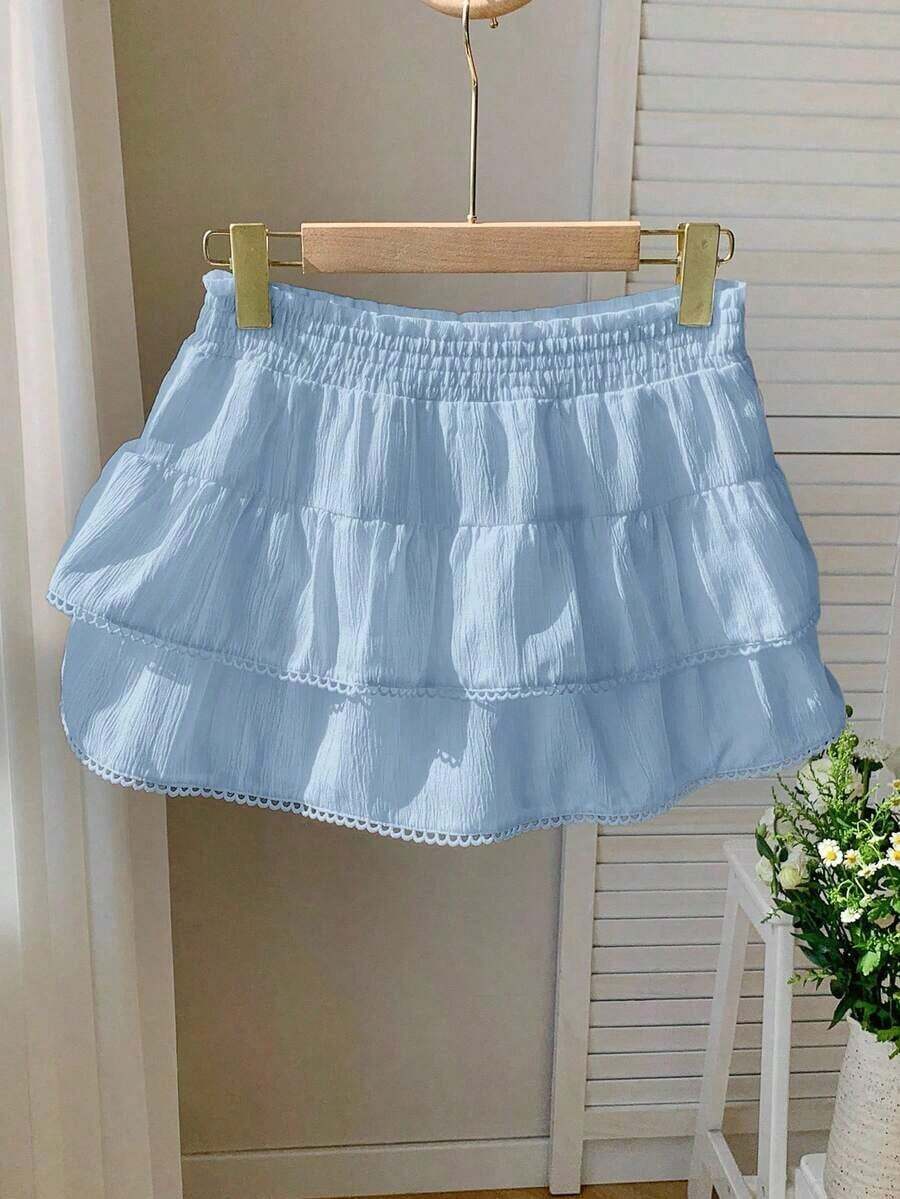 Falda pantalón para mujeres para conciertos campestres, blanca, de tejido, con cintura elástica y volantes en el bajo con silueta evasé - Celeste - Ver 1
