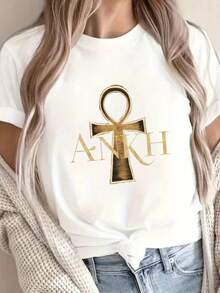 Una camiseta de manga corta con cuello redondo y estampado del símbolo del ankh dorado, perfecta para uso casual en primavera y verano, diseñada para mujeres. Adecuada para primavera, verano y otoño. - Blanco - Ver 7