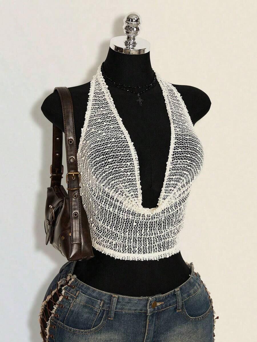 Top corto de color rojo sexy de cuello de escote amplio y sin mangas con estilo sencillo Y2K para mujer - Beis - Ver 1