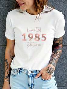 Women's Short-Sleeved Crew Neck T-Shirt With A Casual Sporty Print Featuring The Letters '1985', Suitable For Sportswear. - 白色 - 查看 1