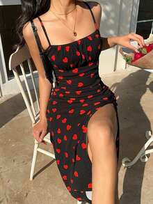Vestido Largo De Verano Con Tirantes Finos Con Diseño De Flores Pequeñas Y Aberturas Laterales En El Muslo - Negro - Ver 1