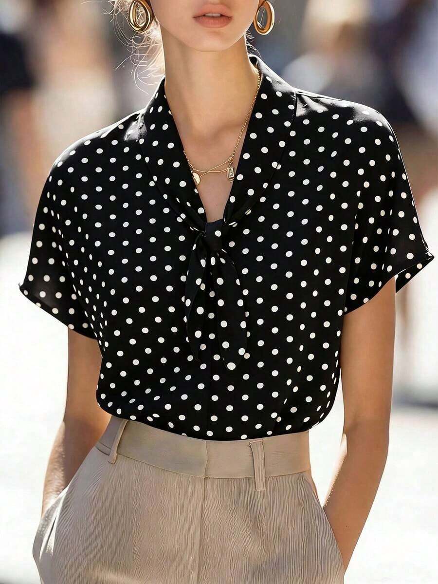 Women's Shirt With Polka Dots And French Bow Tie Design, Spring/Summer - 黑色 - 查看 1