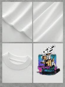 A Ship Sailing On A Calm Sea With Golden Sails That Blend Into Clouds Shaped Like Birds In Flight, Symbolizing Freedom And Endless Dreams. A Comfortable And Casual Women's T-Shirt For Everyday Wear. - 白色 - 查看 4