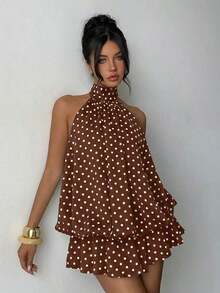 Vestido mini elegante de mujer con estampado de lunares y escote halter sin espalda - Marrón - Ver 8