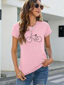 Women's Bicycle Print T-Shirt Spring Summer Casual Loose Round Neck Short Sleeve - 粉紅色的 - 查看 1