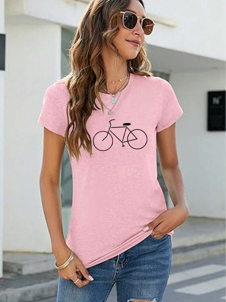 Women's Bicycle Print T-Shirt Spring Summer Casual Loose Round Neck Short Sleeve - 粉紅色的 - 查看 1