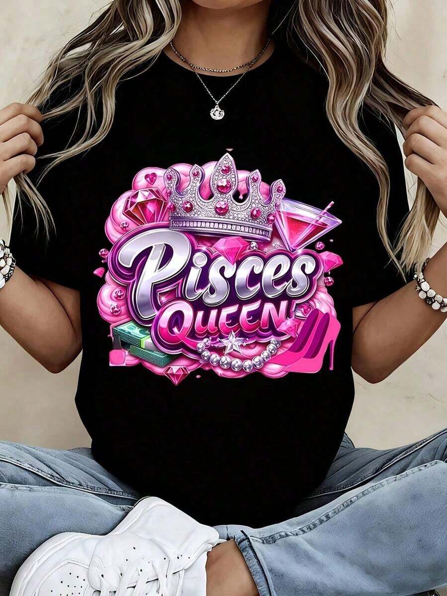 1 Piece Of Women's Round Neck T-Shirt With Pisces Queen Crown Print And Pink Gems, Short Sleeve, Casual Wear For Daily Outfits And Zodiac Fashion, 180g, 100% Cotton. - 黑色 - 查看 1