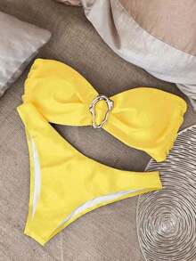 Nuevo conjunto de bikini negro sólido, sexy, elegante, casual, para playa, vacaciones y citas, sin tirantes, para primavera/verano - Amarillo - Ver 1