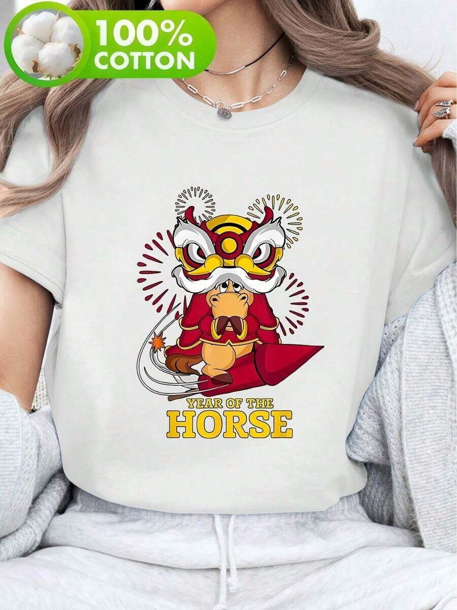 Women's New Year's T-Shirt - Chinese New Year Culture With Horse Rider & Elephant, Round Neck Short Eevee Top, -Size XX For Year-Round Use (Comfortable Fit) - 白色的 - 查看 1